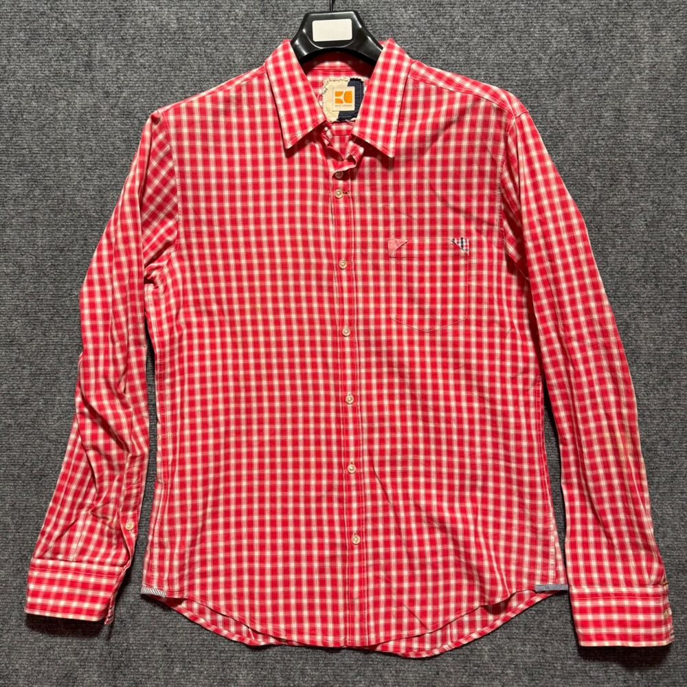 Hugo Boss Orange Shirt XL Mens Red White Gingham Check Cotton Button Long Sleeve